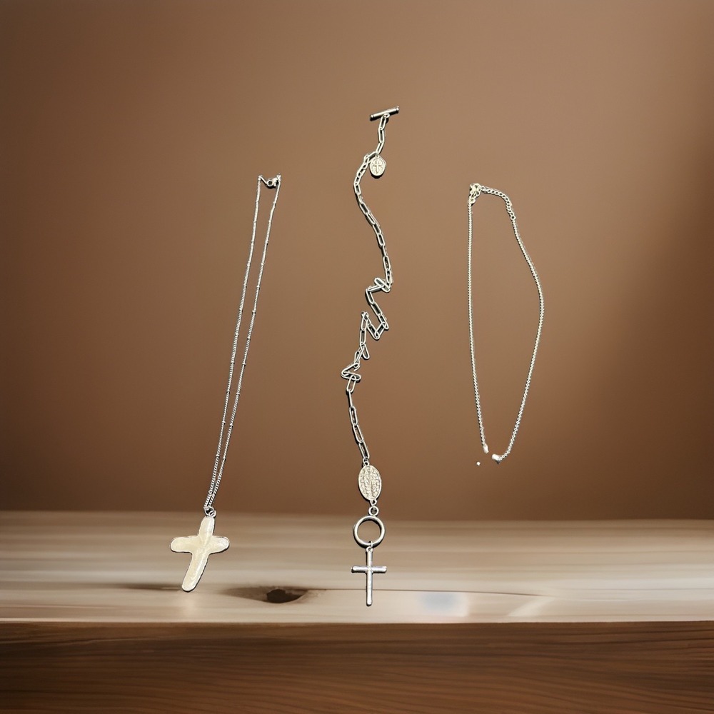 3 Silver Cross Necklace Lot Rosary Chain Sideways Cross Religious Christian